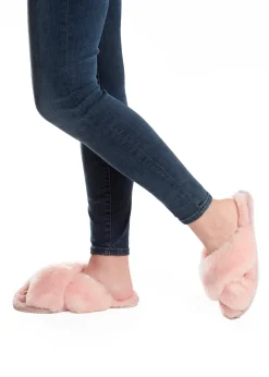 Baby Pink Deep Criss Cross Sheepskin Slippers