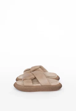 Beige leather padded cross mules