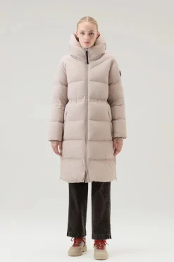 Beige Long Down Parka in Stretch Nylon with Detachable Hood