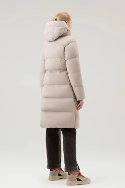 Beige Long Down Parka in Stretch Nylon with Detachable Hood