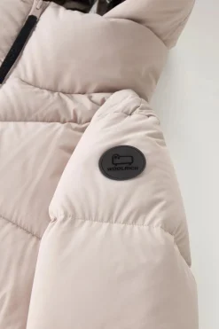 Beige Long Down Parka in Stretch Nylon with Detachable Hood