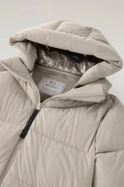 Beige Long Down Parka in Stretch Nylon with Detachable Hood