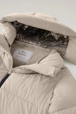 Beige Long Down Parka in Stretch Nylon with Detachable Hood