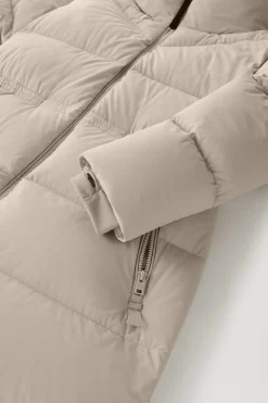 Beige Long Down Parka in Stretch Nylon with Detachable Hood