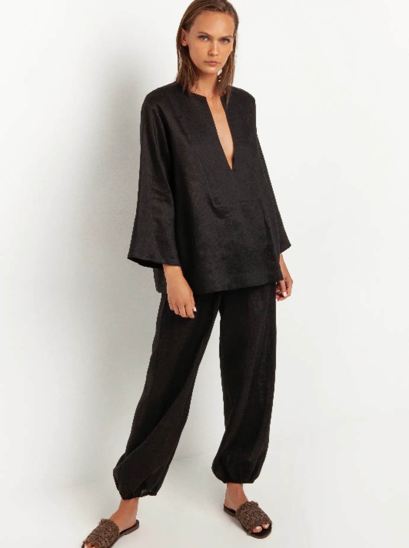 Black Cargo Linen Trousers