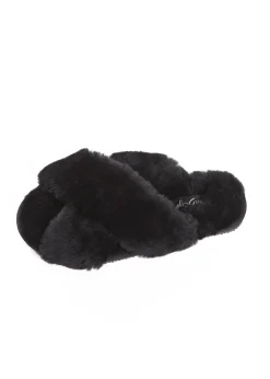 Black Criss Cross Luxury Sheepskin Slippers