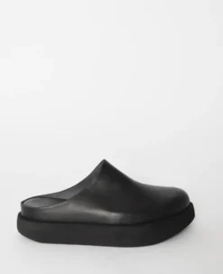 Black Leather Chunky Backlass Mules
