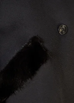 Black Wool Double Breasted Coat With Mink Trim