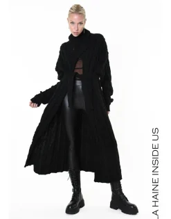 Cable Knit Black Long Cardigan Coat