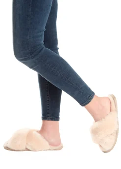 Cream Deep Criss Cross Sheepskin Slippers