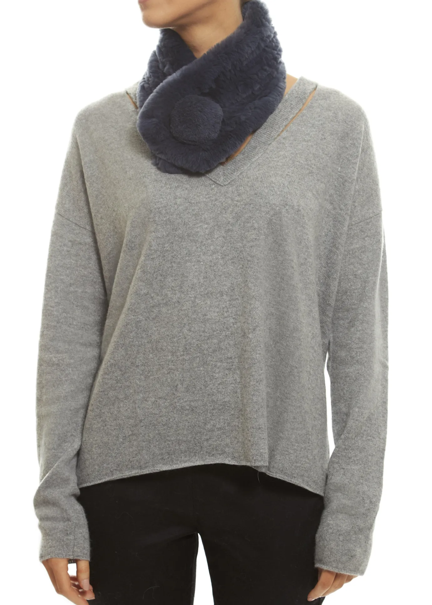 Dark Blue Bobble Knitted Rabbit Luxury Fur Scarf