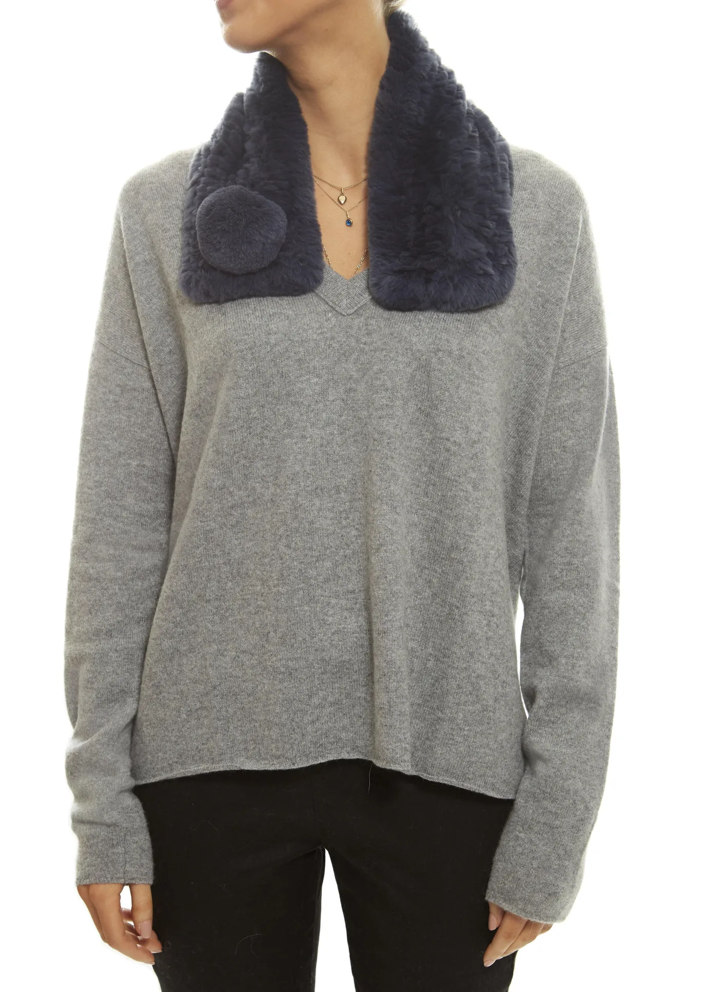 Dark Blue Bobble Knitted Rabbit Luxury Fur Scarf