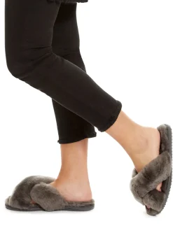Dark Grey Deep Criss Cross Sheepskin Slippers