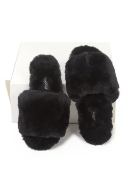Deep Classic Black Luxury Sheepskin Slipper Slides