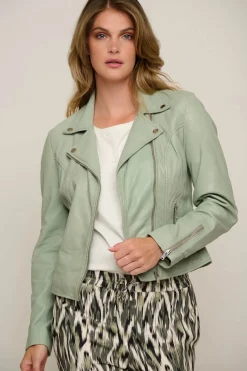 Emily Leather Biker Jacket in Sea Moss