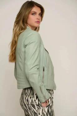 Emily Leather Biker Jacket in Sea Moss