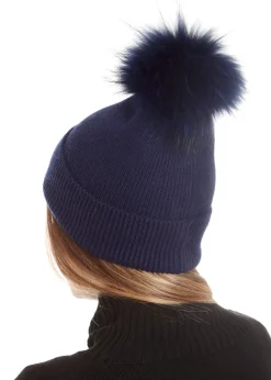 Fur5Eight Navy Premium Wool Blend Fur Pom Hat