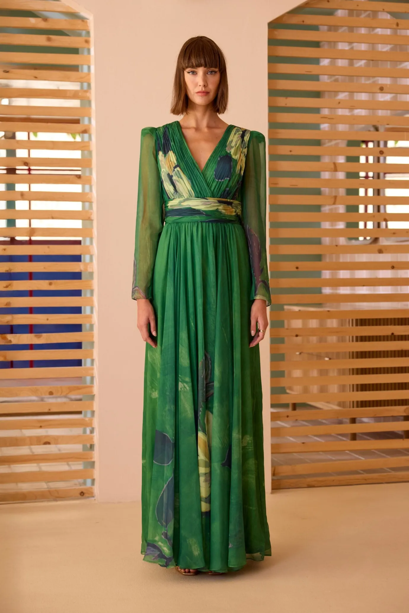 Green Printed Pleated Evening Dress