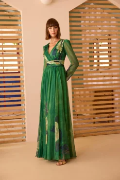Green Printed Pleated Evening Dress