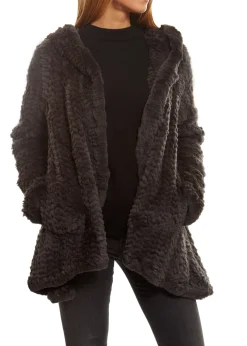 Grey Knitted Real Rex Rabbit Fur Fluted Hoodie