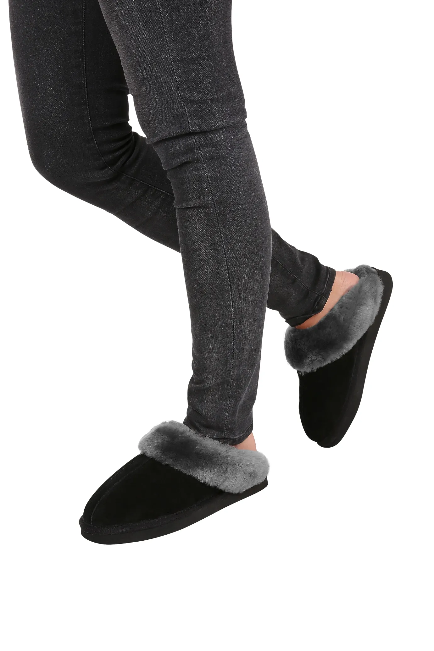 Grey on Black Sheepskin Wedge Slippers