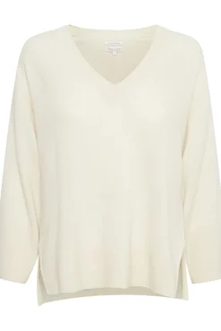 Hellin White Cap Cream V Neck Cahsmere Sweater