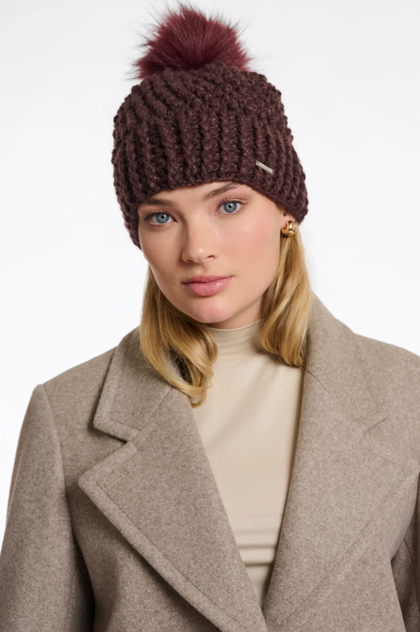 Kevina Knitted Hat with Detachable Faux Fur PomPom