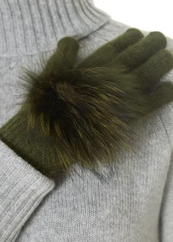 Khaki Green Fur Pom Gloves
