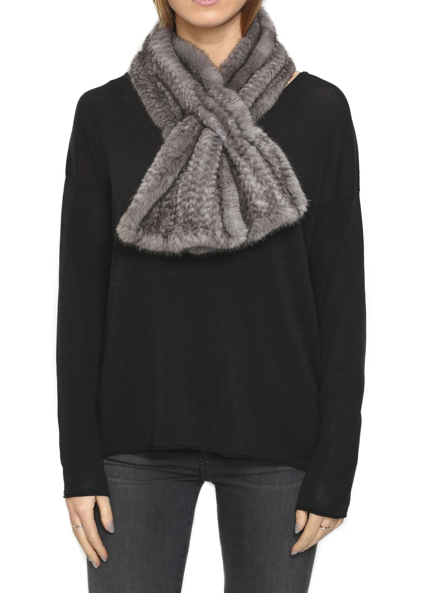 Knitted Grey Slit Mink Luxury Fur Scarf