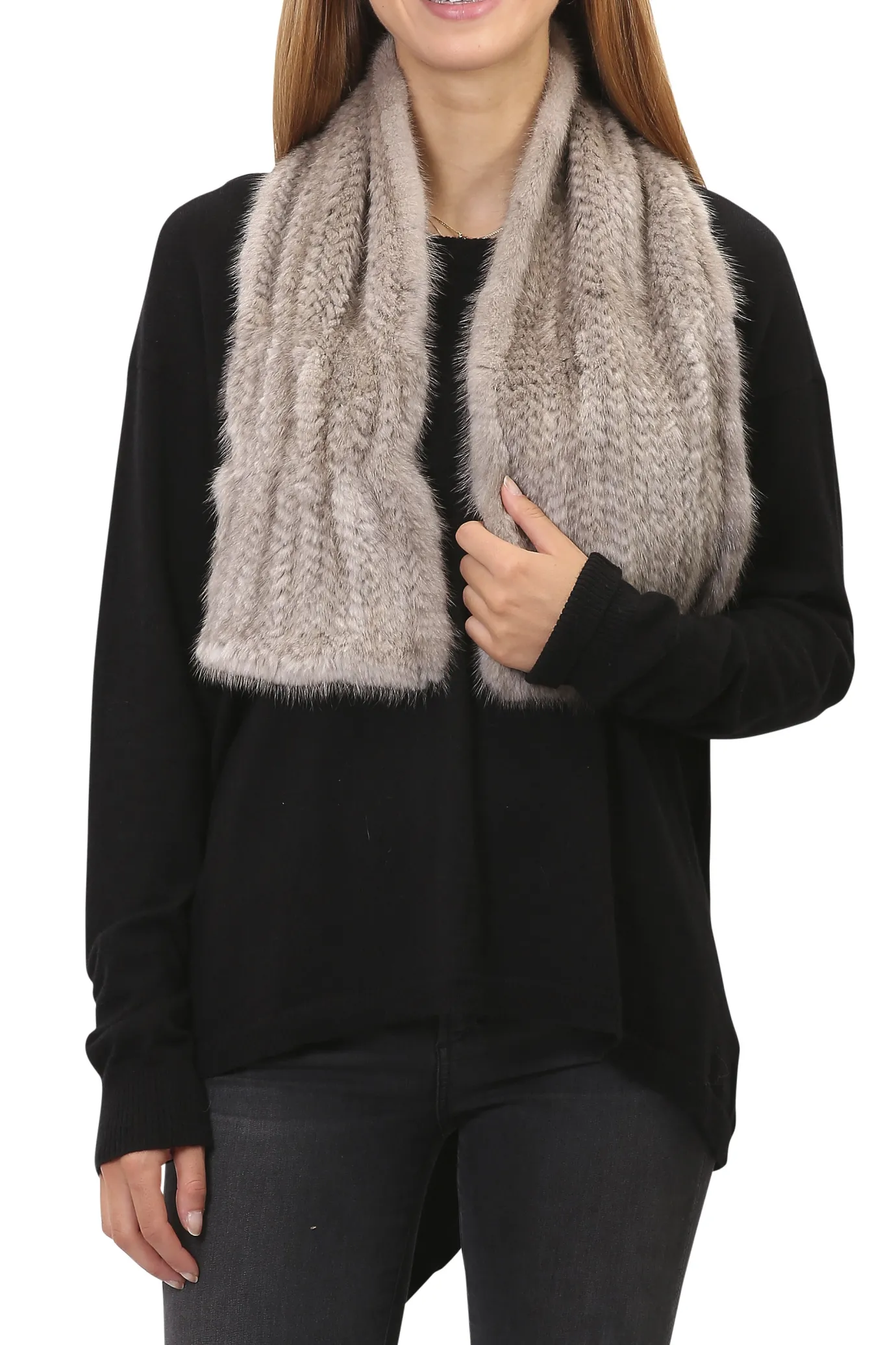 Knitted Grey Slit Mink Luxury Fur Scarf