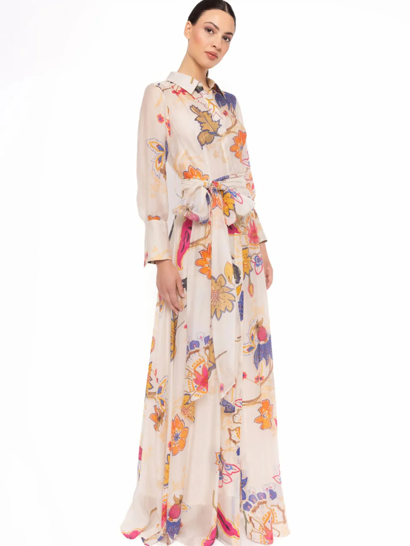 Long Cream Printed Shirt Dress