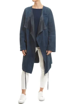 Long Navy Suede Belted Coat