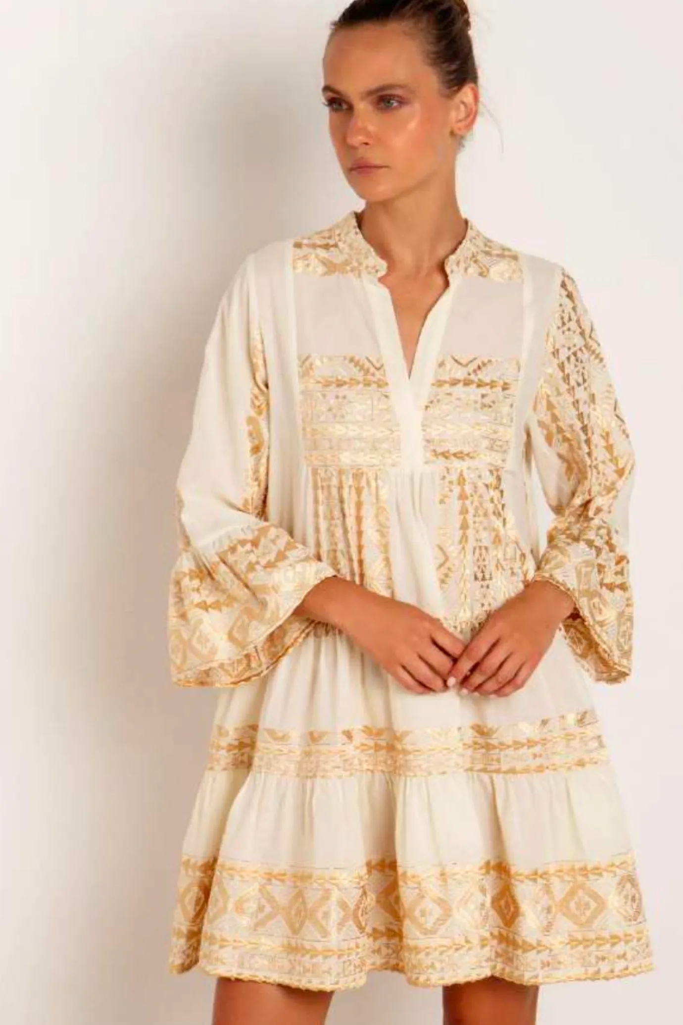 Natural & Gold Linen Dress with 3/4 sleeve