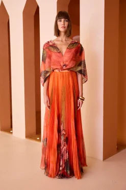 Orange Print Pleated Evening Dress