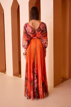 Orange Print Pleated Evening Dress