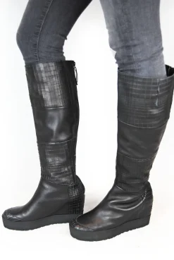 Puro Mixed Up Black Wedge Long Knee High Boot