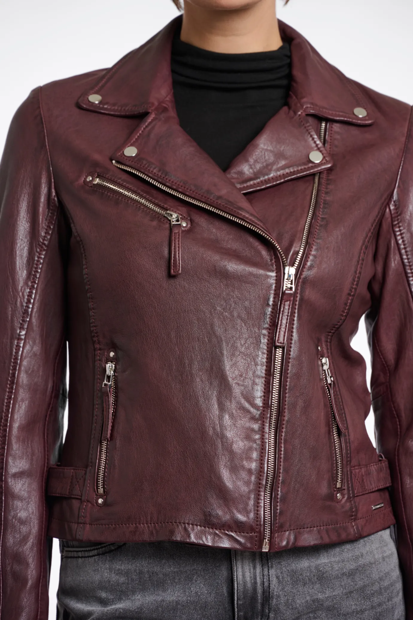 Renee Leather Biker Jacket in Chocolate Bean Burgundy