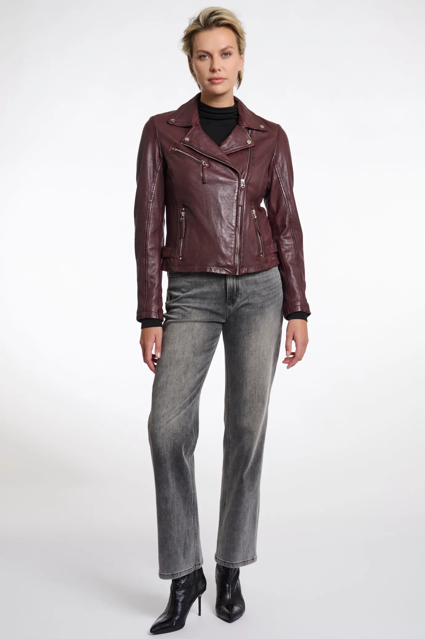 Renee Leather Biker Jacket in Chocolate Bean Burgundy