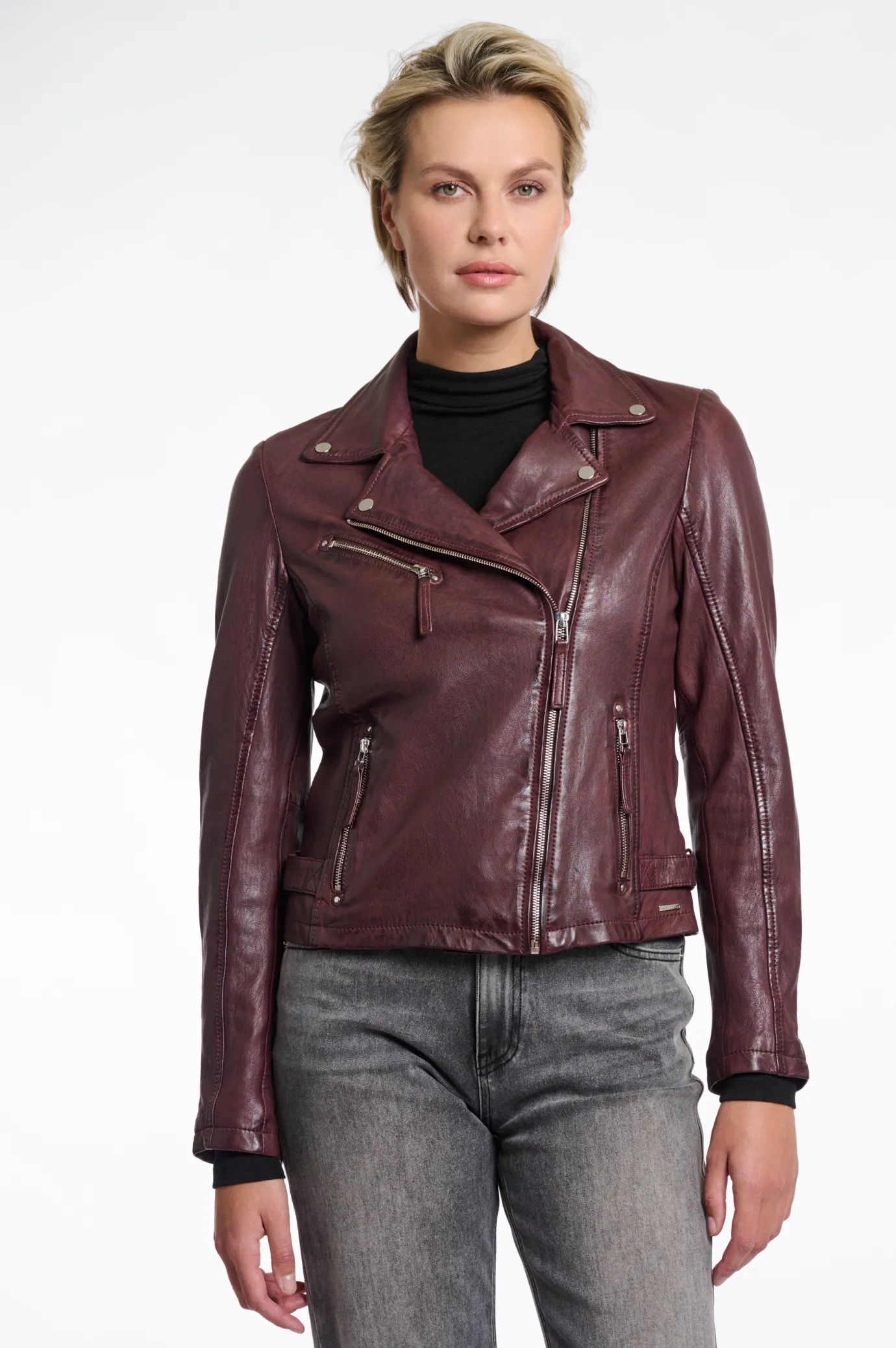 Renee Leather Biker Jacket in Chocolate Bean Burgundy