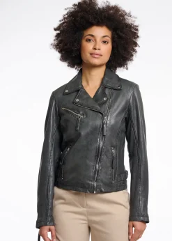 Renee Leather Biker Jacket in Deep Iron