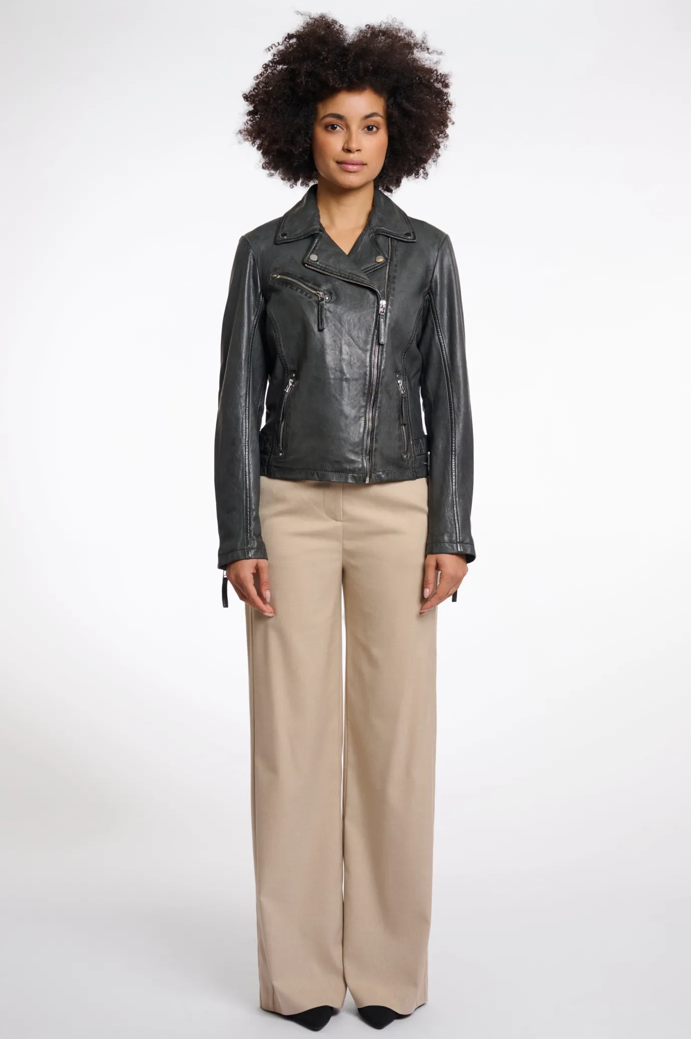 Renee Leather Biker Jacket in Deep Iron