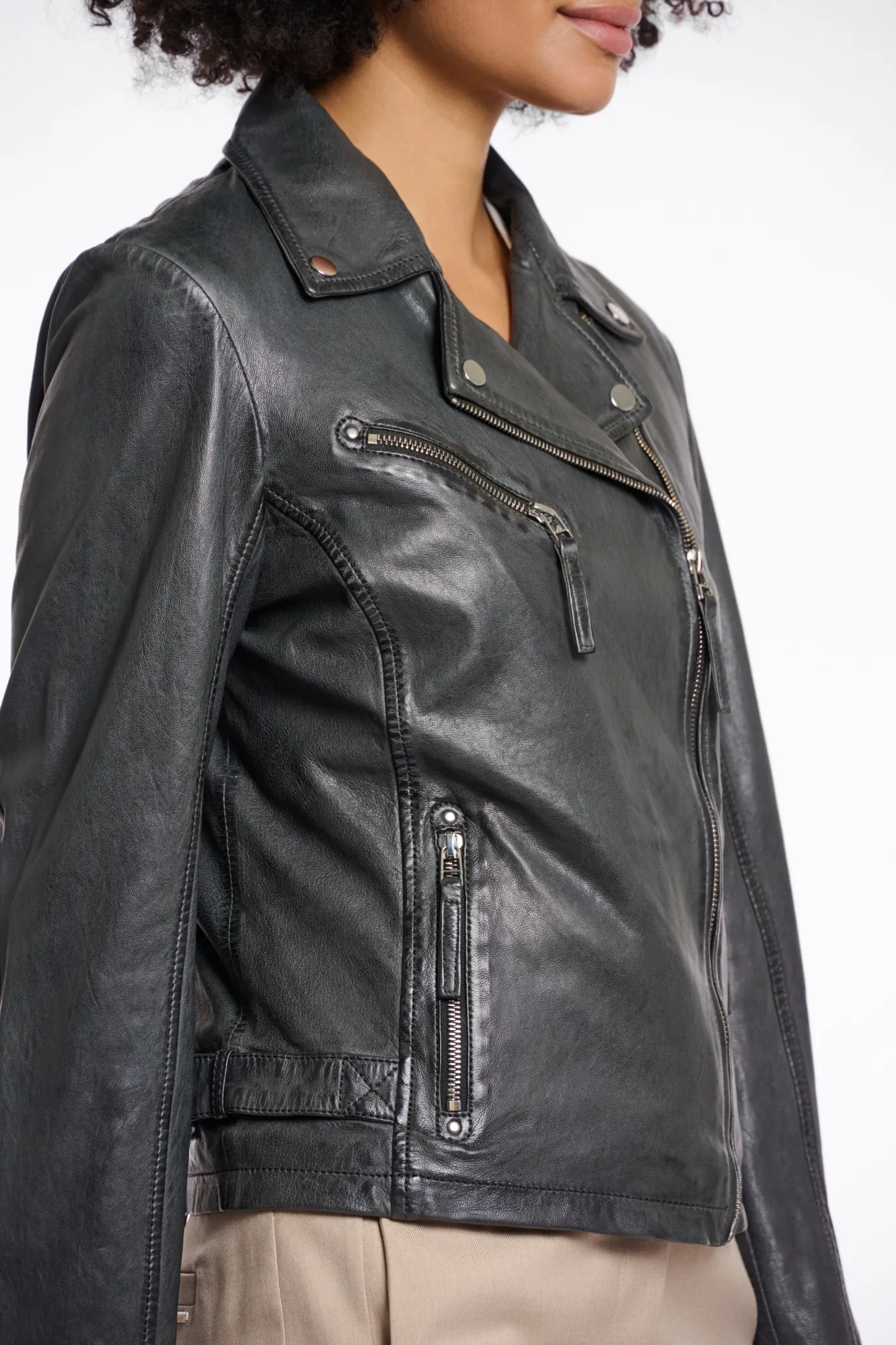 Renee Leather Biker Jacket in Deep Iron